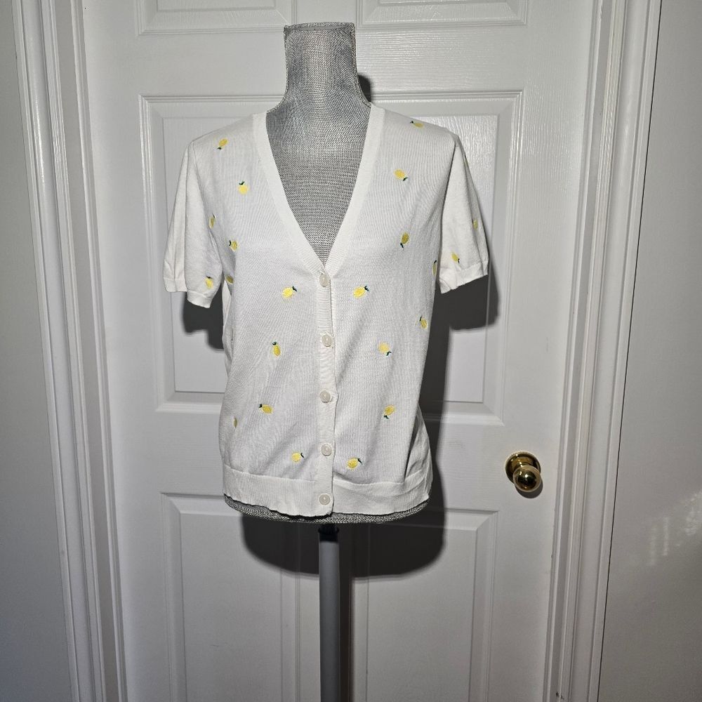 LOFT White Short Sleeve Cardigan with Yellow Lemon Embroidery